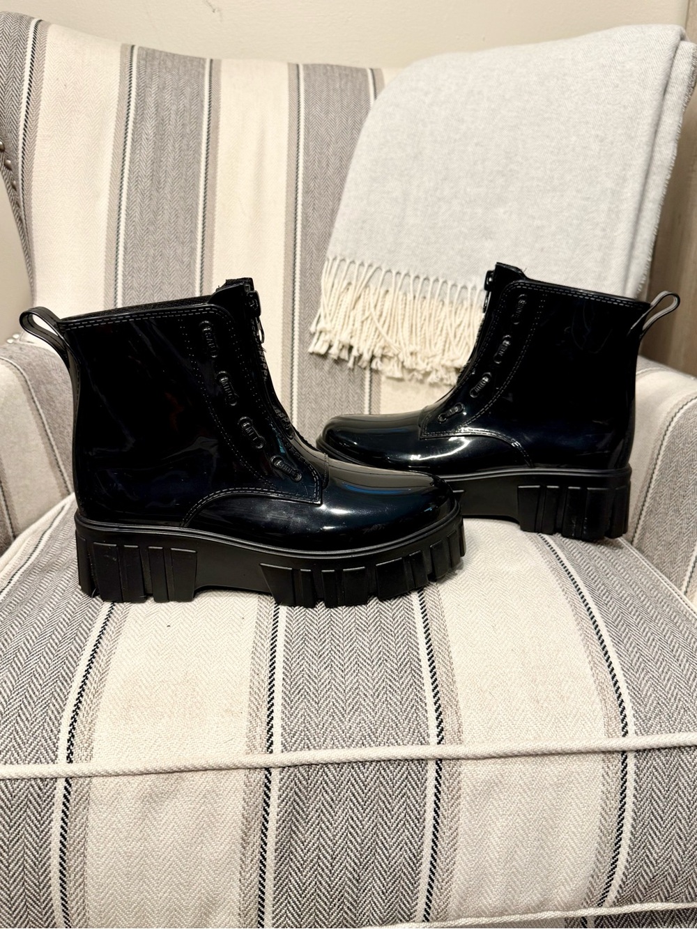 Women's Black Patent Platform Rain Boots